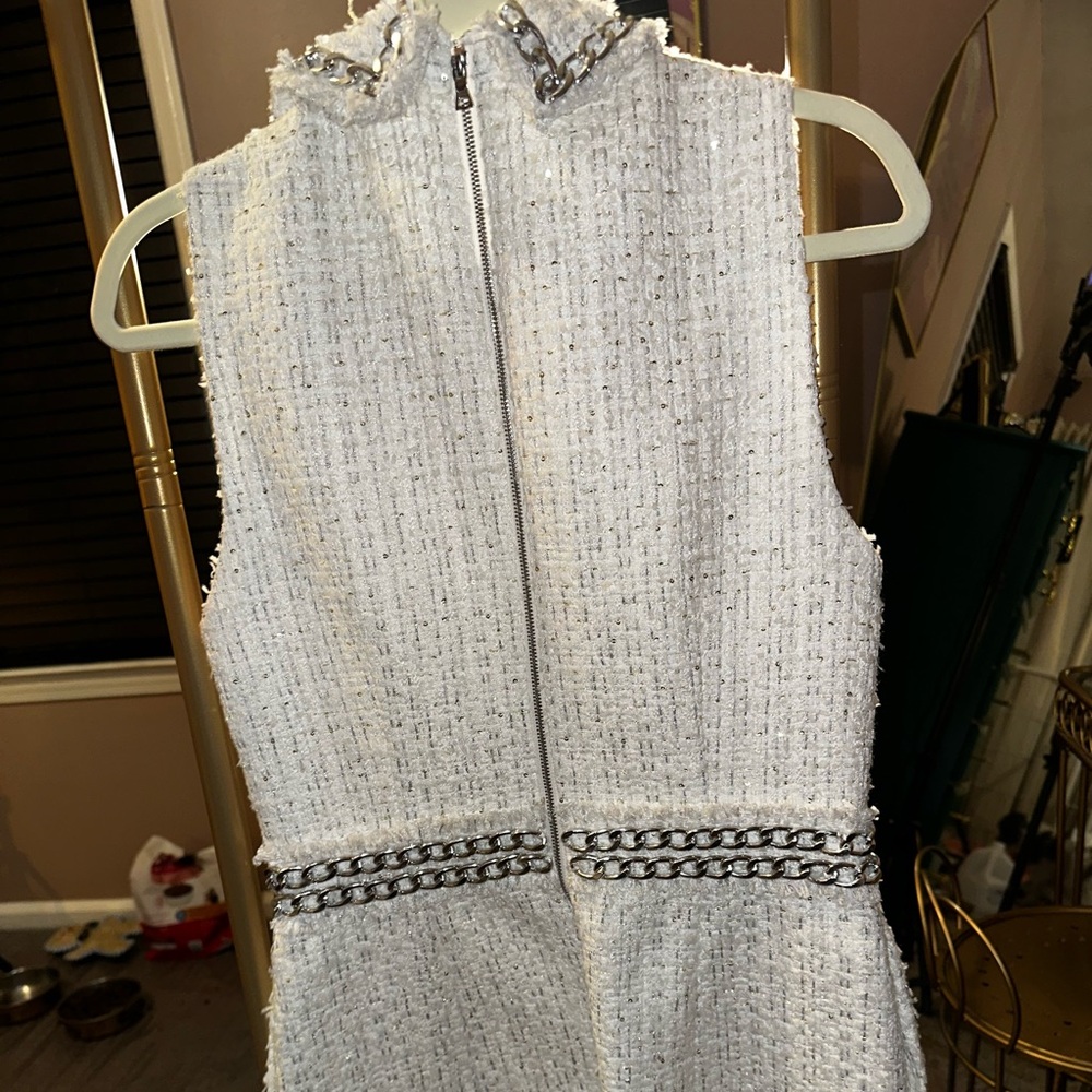 Alice + Olivia White Tweed Mini Dress with Silver Chain Trim - Picture 3 of 6